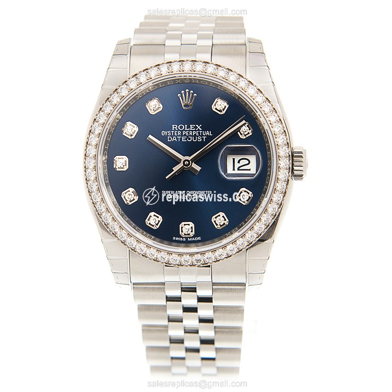 Rolex DATEJUST Replica - Automatic - 18kt White Gold - Blue Dial - Steel Strap - View 2