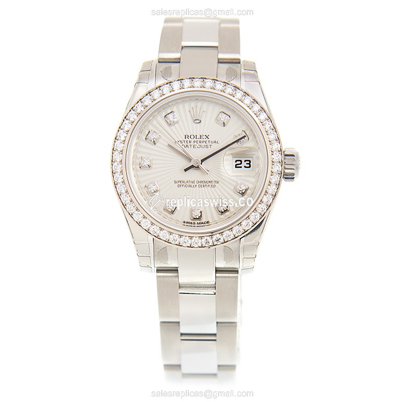 Rolex Lady Datejust Replica - Automatic - White Gold & Diamond - Silver Dial - Steel Strap - View 2