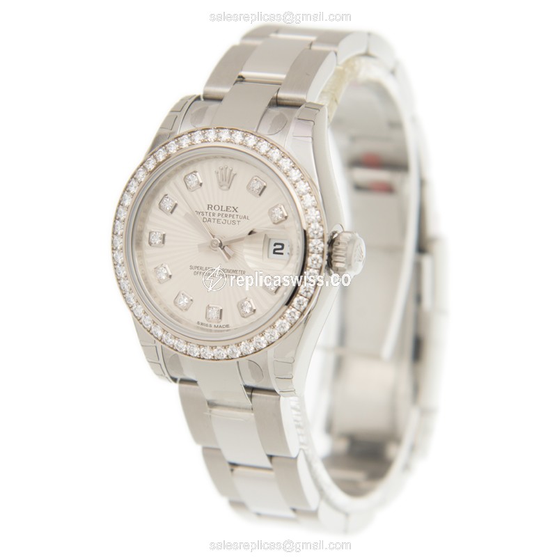 Rolex Lady Datejust Replica - Automatic - White Gold & Diamond - Silver Dial - Steel Strap - View 3