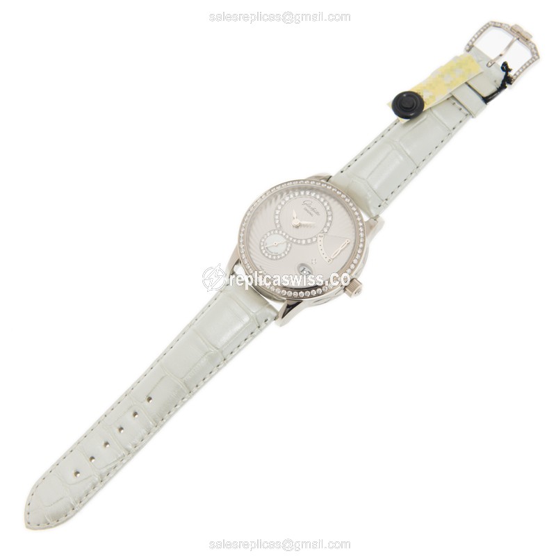 Glashutte Ladies Manual Wind 18kt White Gold Diamond Silver Dial Buckle White Alligator Strap Replica Watch - View 2