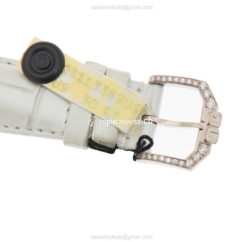 Glashutte Ladies Manual Wind 18kt White Gold Diamond Silver Dial Buckle White Alligator Strap Replica Watch - View 4
