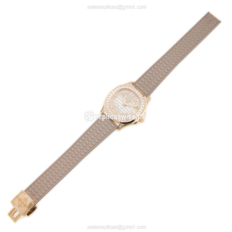 Patek Philippe AQUANAUT Replica - Auto - 18kt Rose Gold - Diamond Dial - Brown Rubber Strap - View 2