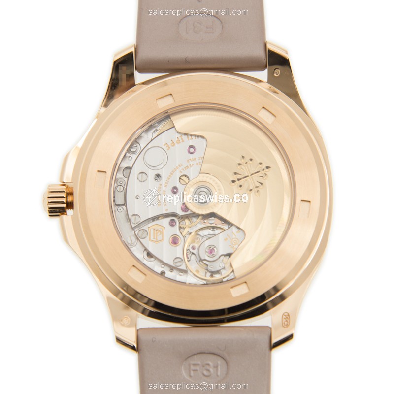 Patek Philippe AQUANAUT Replica - Auto - 18kt Rose Gold - Diamond Dial - Brown Rubber Strap - View 3