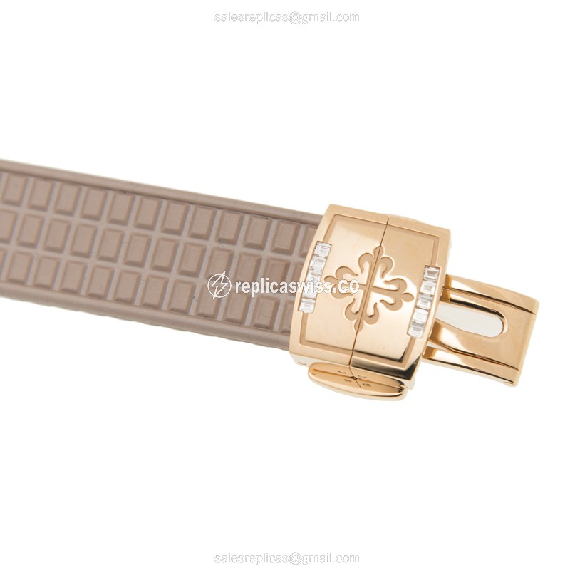 Patek Philippe AQUANAUT Replica - Auto - 18kt Rose Gold - Diamond Dial - Brown Rubber Strap - View 4