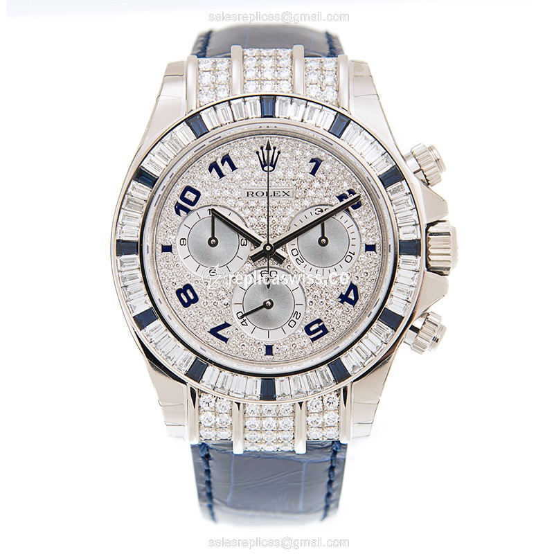 Rolex Daytona Replica - White Gold - Diamond - Automatic - Blue Alligator - View 2