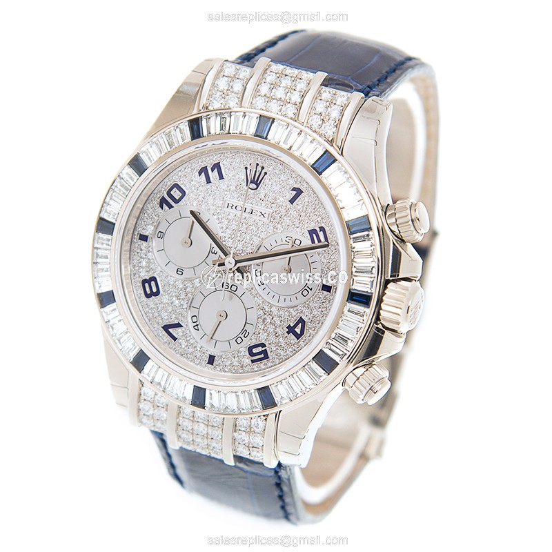 Rolex Daytona Replica - White Gold - Diamond - Automatic - Blue Alligator - View 3
