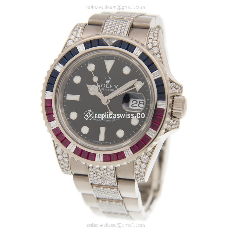 GMT-MASTER II Replica - Automatic - 18kt White Gold - Sapphire Case - Black Dial, Silver Diamond Strap - View 3