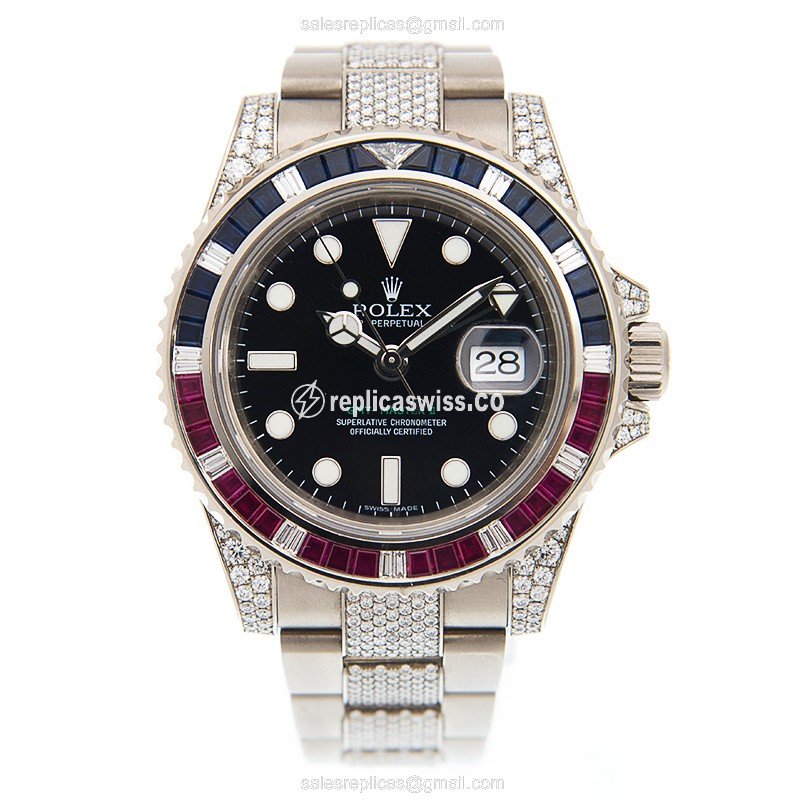 GMT-MASTER II Replica - Automatic - 18kt White Gold - Sapphire Case - Black Dial, Silver Diamond Strap - View 2