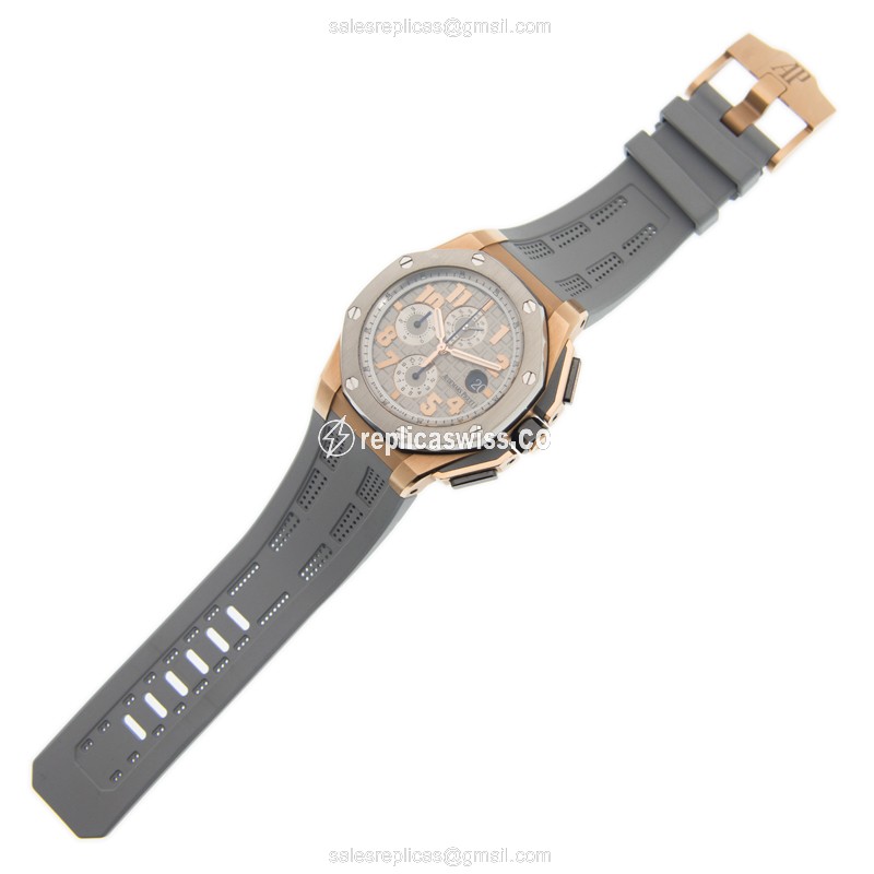 ROLEX Replica Royal Oak Offshore - Manual - 18kt Rose Gold - Steel - Silver Dial - Black Rubber Strap - Buckle - View 2