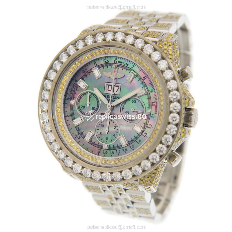 Breitling Bentley Replica - Automatic - Diamond Case - Gray Dial - Silver Steel Strap - View 3
