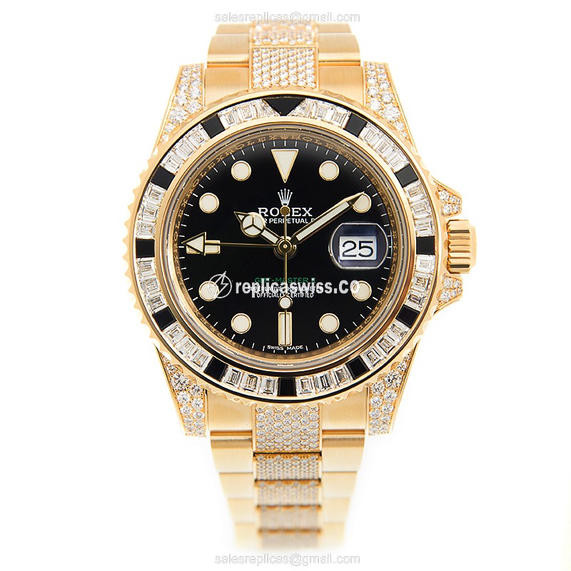 Rolex GMT-MASTER II Replica - Automatic - 18kt Gold Case - Black Dial on Gold Strap - View 2