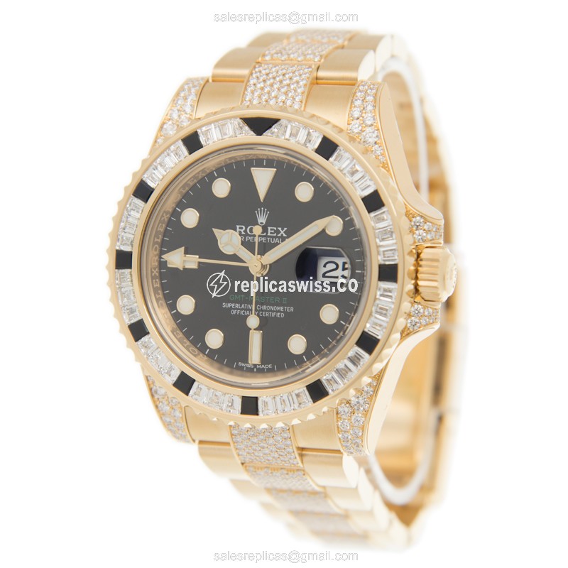 Rolex GMT-MASTER II Replica - Automatic - 18kt Gold Case - Black Dial on Gold Strap - View 3