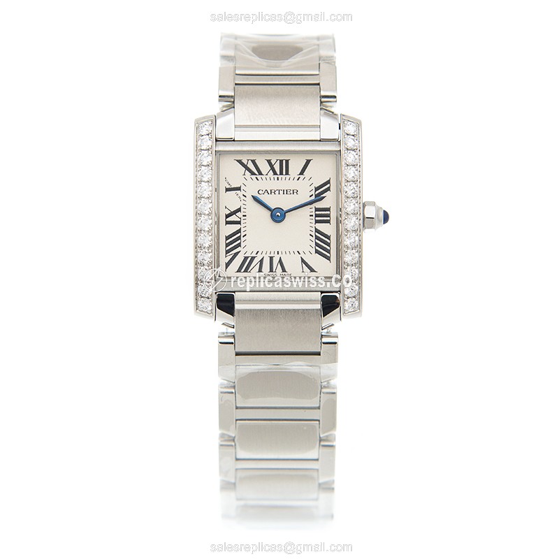 Cartier TANK W4TA0008 Replica - Quartz - Diamond Case - Silver Dial - Steel Band - View 2