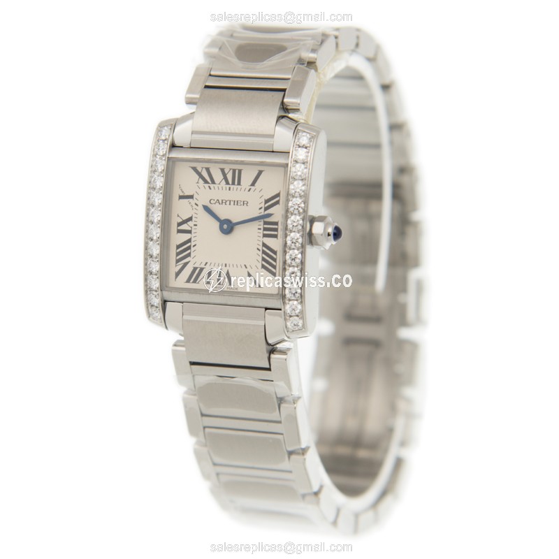 Cartier TANK W4TA0008 Replica - Quartz - Diamond Case - Silver Dial - Steel Band - View 3