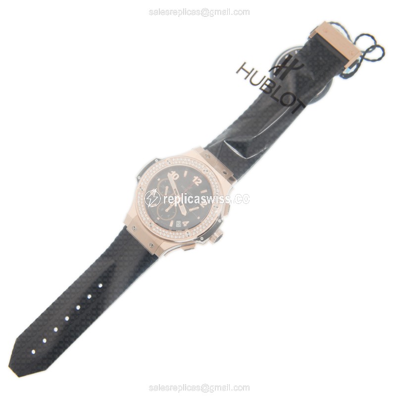 Hublot Big Bang Replica - Automatic - 18kt Rose Gold - Diamond Bezel - Black Dial - Leather Strap - View 2