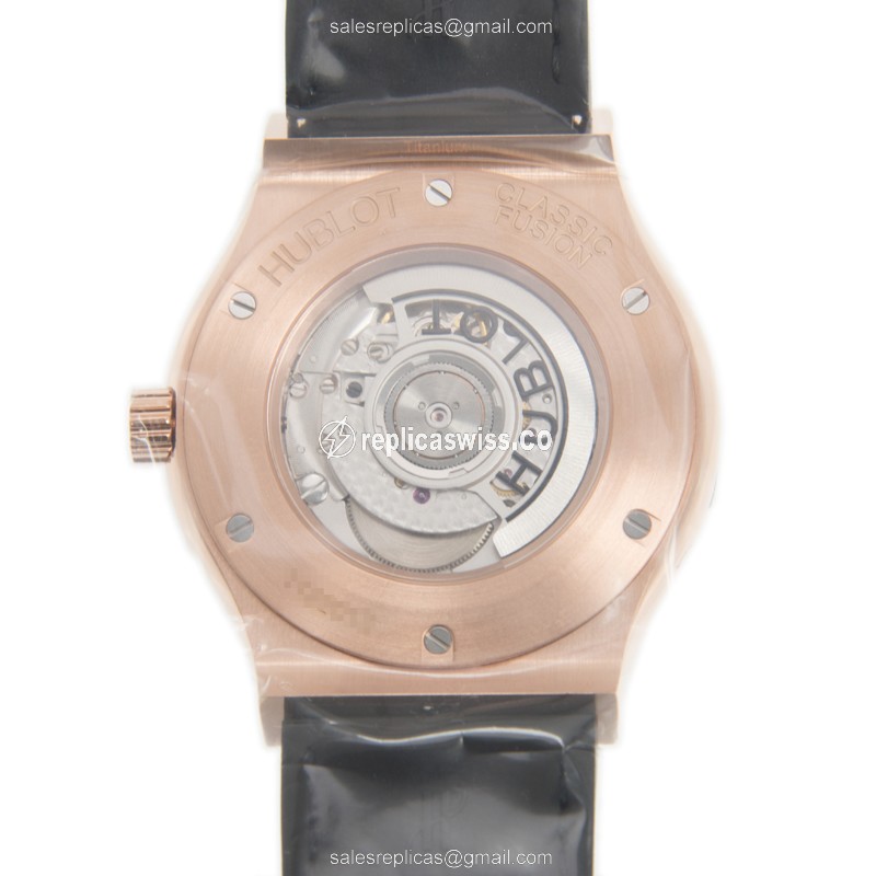 Hublot Classic Fusion Replica - Automatic - 18kt Rose Gold - Black Dial - Leather Strap - View 3