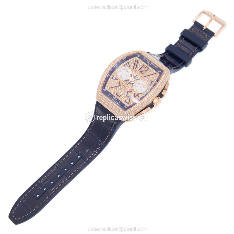 Franck Muller V45CCDTD - Rose Gold Case - Automatic Movement - Diamond Gold Dial - Blue Leather Strap - Buckle Clasp - View 2