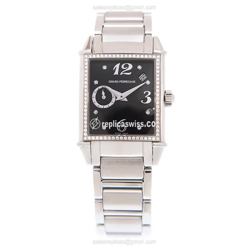 Girard Perregaux 1945 Replica - Automatic - Diamond Case - Black Dial - Silver Steel Strap - View 2
