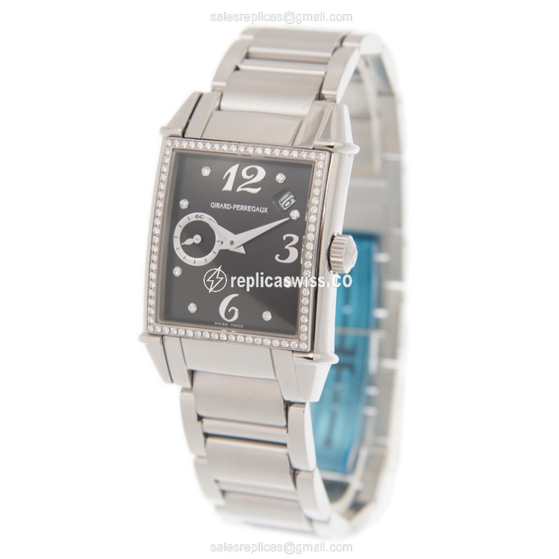 Girard Perregaux 1945 Replica - Automatic - Diamond Case - Black Dial - Silver Steel Strap - View 3