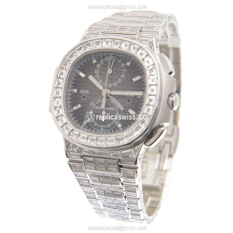 Patek Philippe Replica - 5990/1400G-001 - Automatic - 18kt White Gold - Black Dial - Diamond Clasp & Strap - View 3