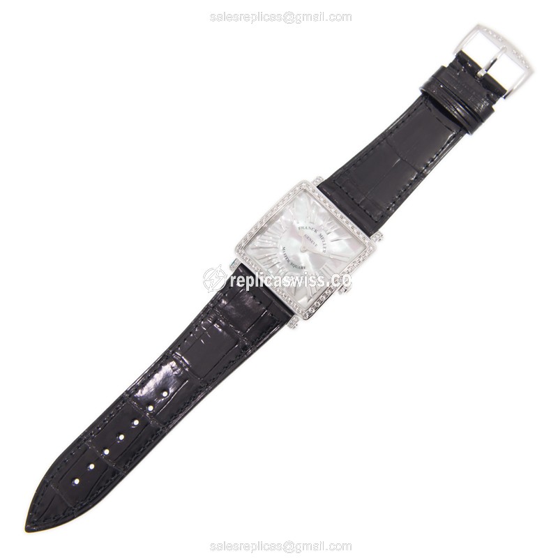 Franck Muller 6002 M B QZ REL R MOP D 1R AC Replica - Quartz - Diamond Case - White Dial - Leather Strap - View 2