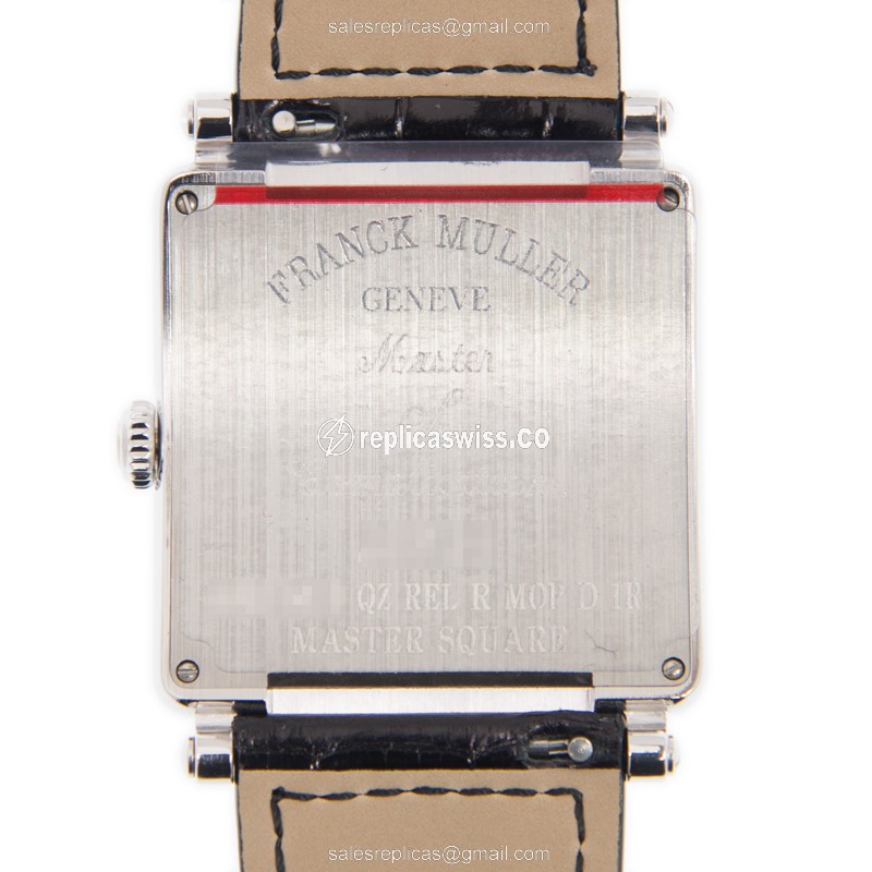 Franck Muller 6002 M B QZ REL R MOP D 1R AC Replica - Quartz - Diamond Case - White Dial - Leather Strap - View 3