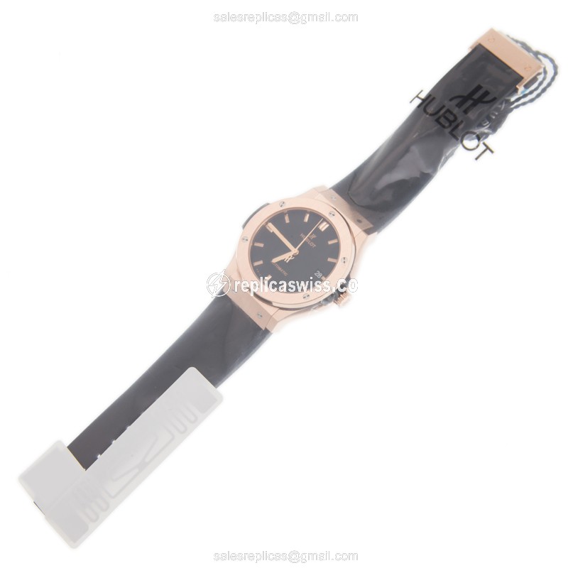 Hublot Classic Fusion Replica - Automatic - 18kt Rose Gold - Black Dial - Leather Strap - View 2
