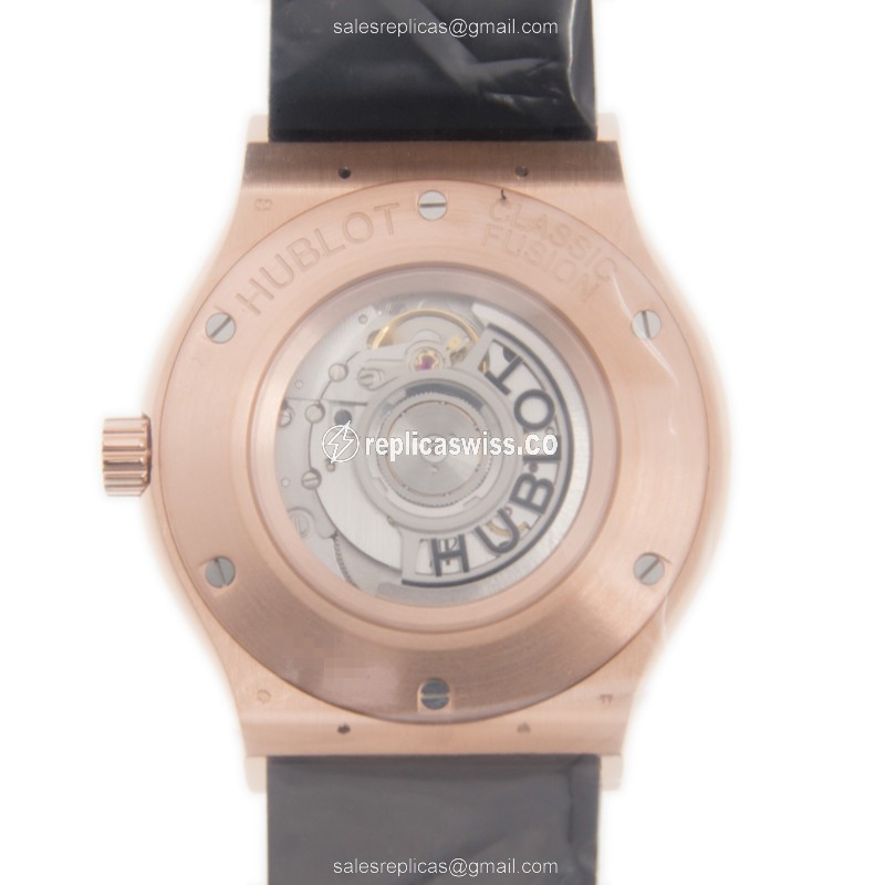 Hublot Classic Fusion Replica - Automatic - 18kt Rose Gold - Black Dial - Leather Strap - View 3