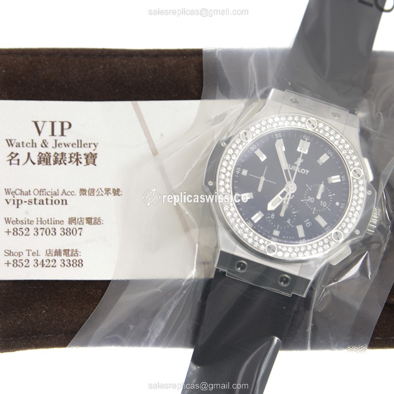 Hublot Big Bang Replica - Automatic - Stainless Steel - Diamond Bezel - Black Dial - Rubber Strap - View 4