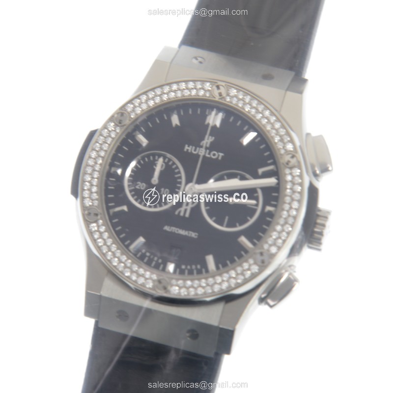 Hublot Classic Fusion Replica - Automatic - Titanium Case - Black Diamond Dial - Black Alligator Strap - View 2