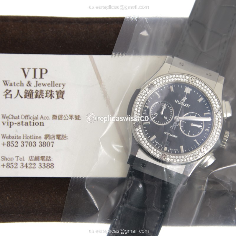 Hublot Classic Fusion Replica - Automatic - Titanium Case - Black Diamond Dial - Black Alligator Strap - View 4