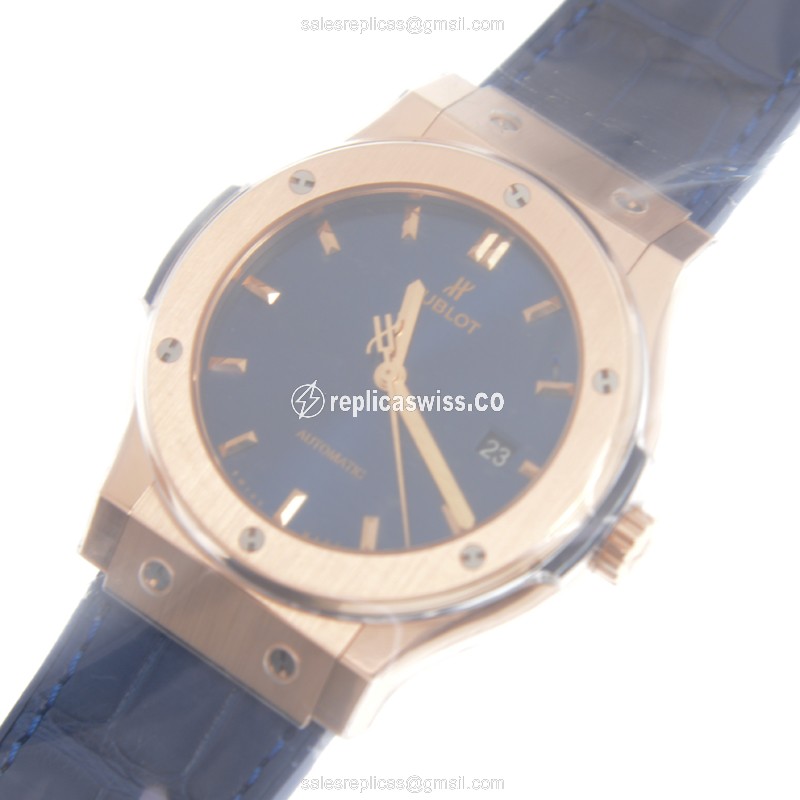 Hublot Classic Fusion Replica - Automatic 18kt Rose Gold - Blue Dial, Blue Alligator Strap - View 2