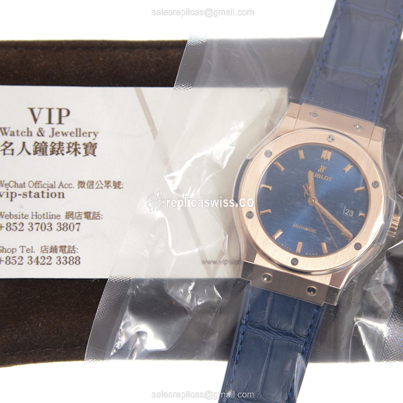Hublot Classic Fusion Replica - Automatic 18kt Rose Gold - Blue Dial, Blue Alligator Strap - View 3
