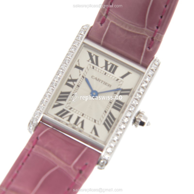 Cartier WJTA0011 Replica: Manual Wind - 18kt White Gold Case, Diamond Set, Silver Dial on Red Alligator Strap - View 2
