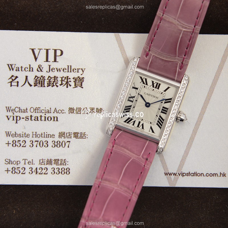 Cartier WJTA0011 Replica: Manual Wind - 18kt White Gold Case, Diamond Set, Silver Dial on Red Alligator Strap - View 4