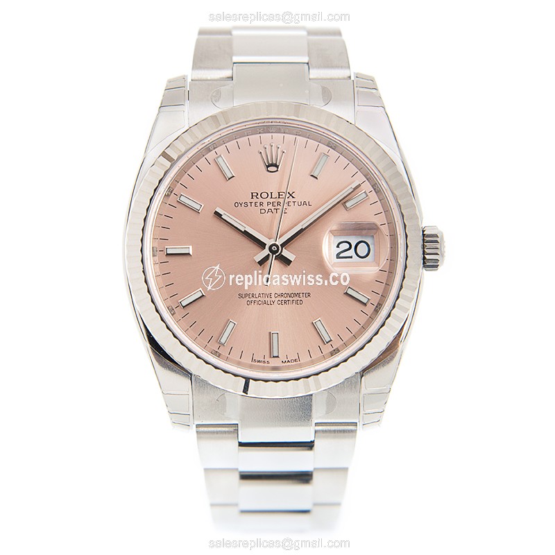 Rolex DATEJUST Replica - Automatic - 18kt White Gold - Pink Dial, Steel Clasp & Silver Strap - View 2