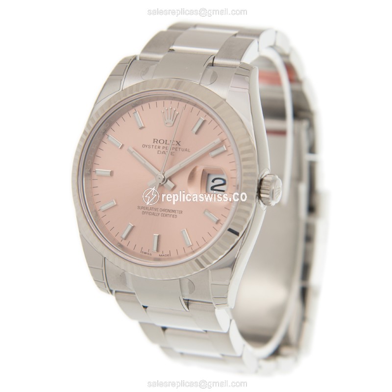 Rolex DATEJUST Replica - Automatic - 18kt White Gold - Pink Dial, Steel Clasp & Silver Strap - View 3