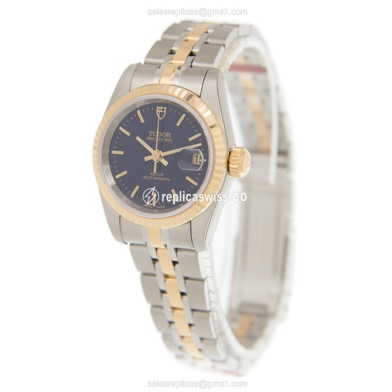 18kt Gold Tudor Princess Date Replica - Automatic - Blue Dial - Gold & Steel Strap - View 3