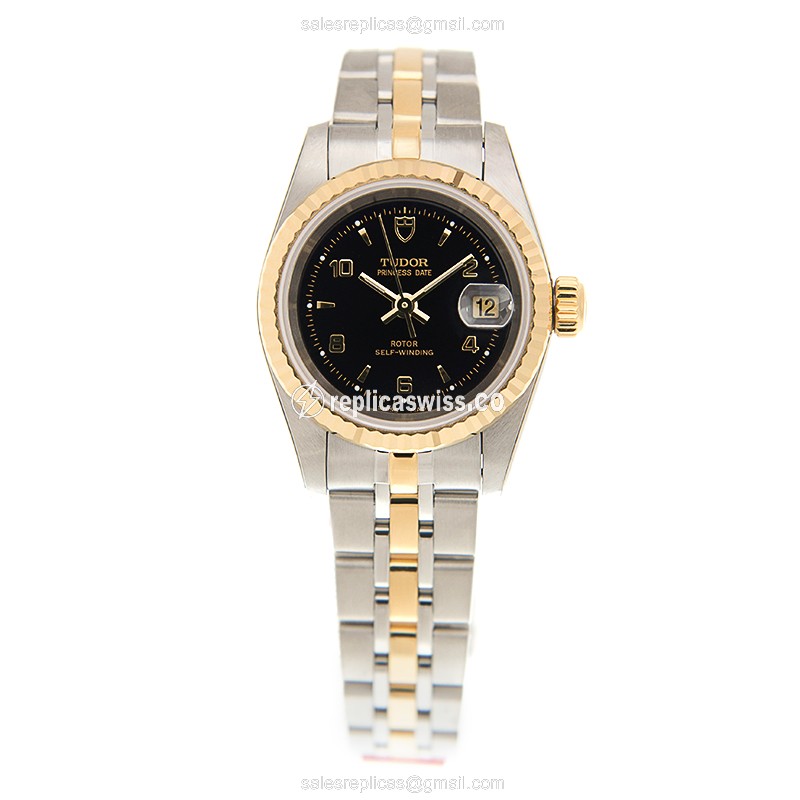Tudor Princess Date 92413-62433AR-BK - Auto 18kt Gold & Steel Case - Black Dial - Gold Strap - View 2