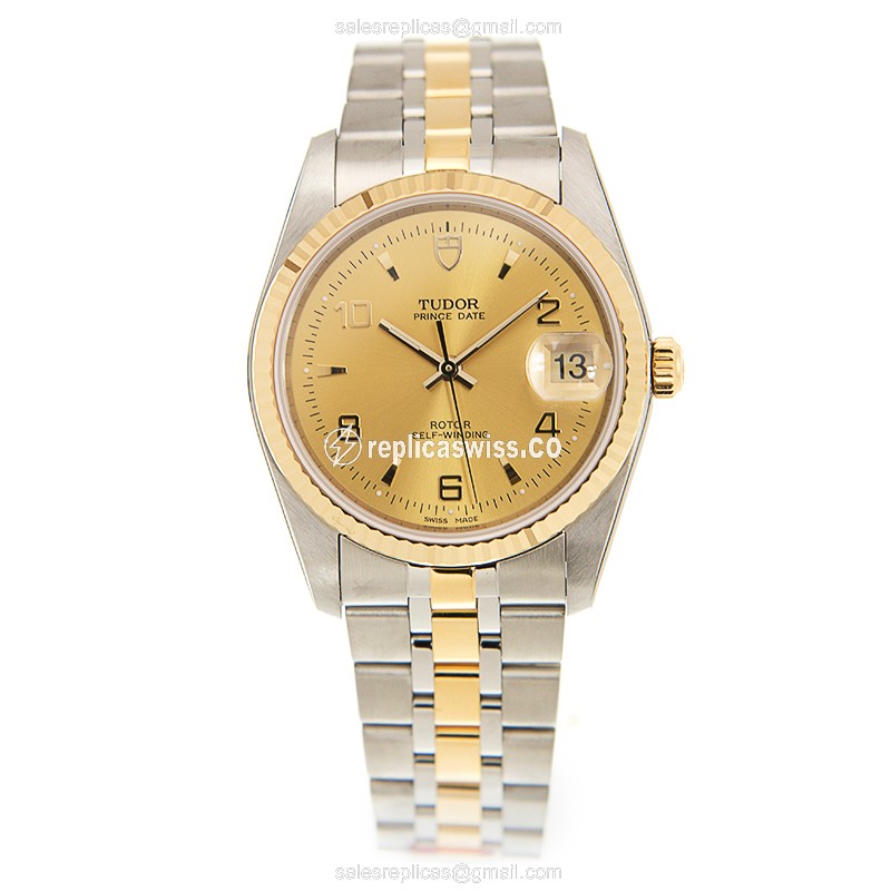 Tudor 74033-62473-246810AR-CH Replica - Automatic - 18kt Gold Case - Gold Dial - Steel Strap - View 2