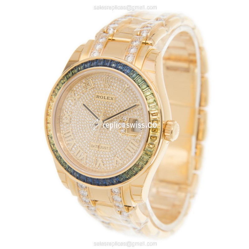 Rolex DATEJUST Replica - Automatic - 18kt Gold Case, Diamond Dial - Gold Clasp & Gold Strap - View 3