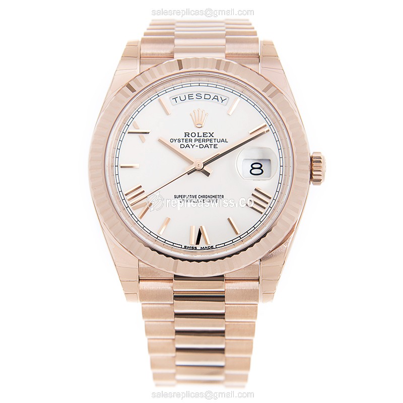 Rolex DAY-DATE Replica - Automatic - White Dial, 18kt Gold Case on Pink Gold Strap - View 2