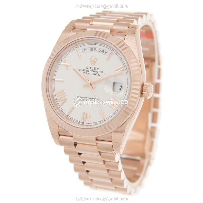 Rolex DAY-DATE Replica - Automatic - White Dial, 18kt Gold Case on Pink Gold Strap - View 3