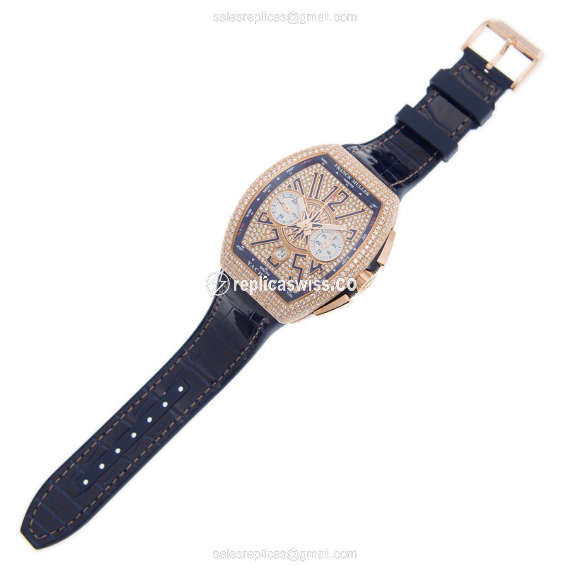 Franck Muller V 45 CC DT D CD YACHTING - Automatic - 18kt Rose Gold - Diamond - Gold Dial - Blue Leather Strap - View 2