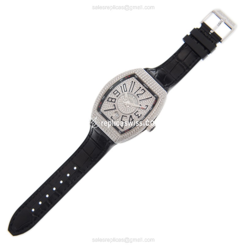 Franck Muller Vanguard Replica - Automatic - 18kt White Gold - Diamond - Silver Dial - Leather Strap - Black Buckle - View 2