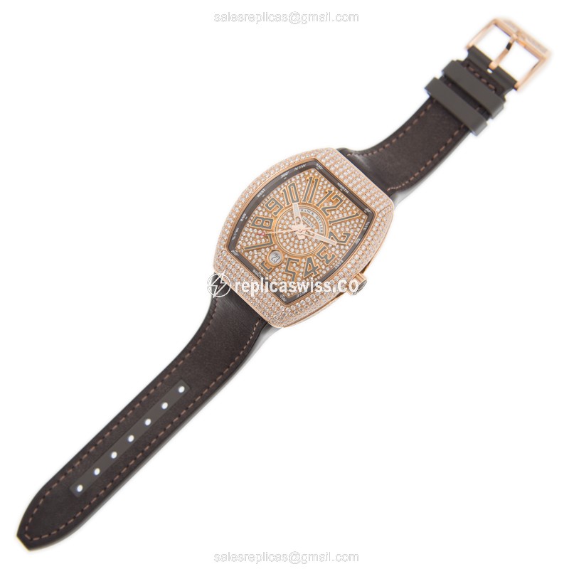 Franck Muller Vanguard - 18kt Rose Gold - Diamonds - Automatic - Gold Dial - Black Leather Strap - View 2