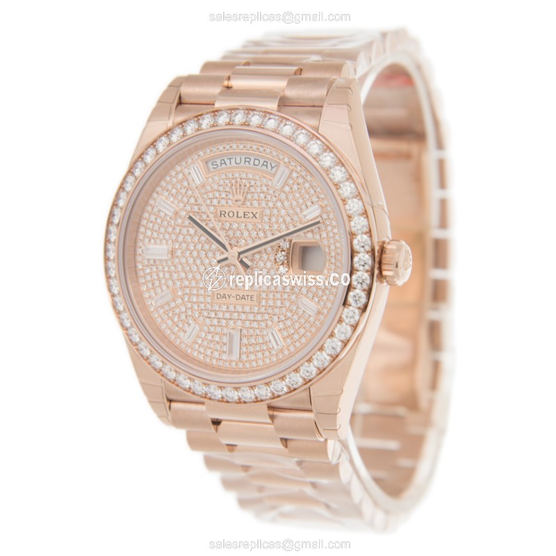 Rolex DAY-DATE Replica - 18kt Rose Gold - Automatic - Silver Dial on Gold Strap - View 3