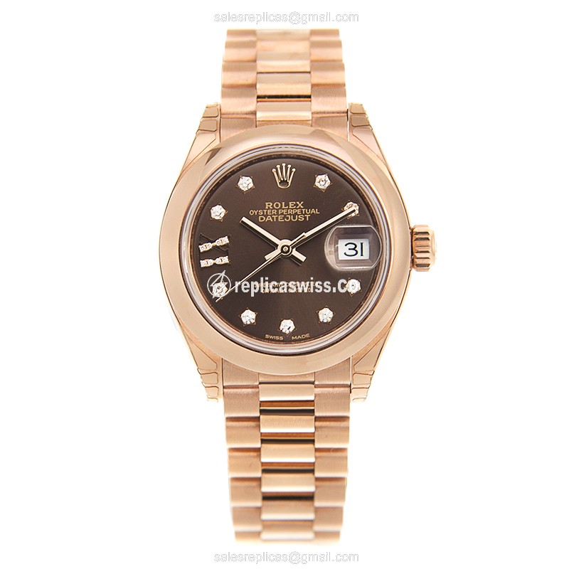 Rolex Lady Datejust Replica - Automatic - 18kt Rose Gold - Brown Dial - Pink Strap - View 2