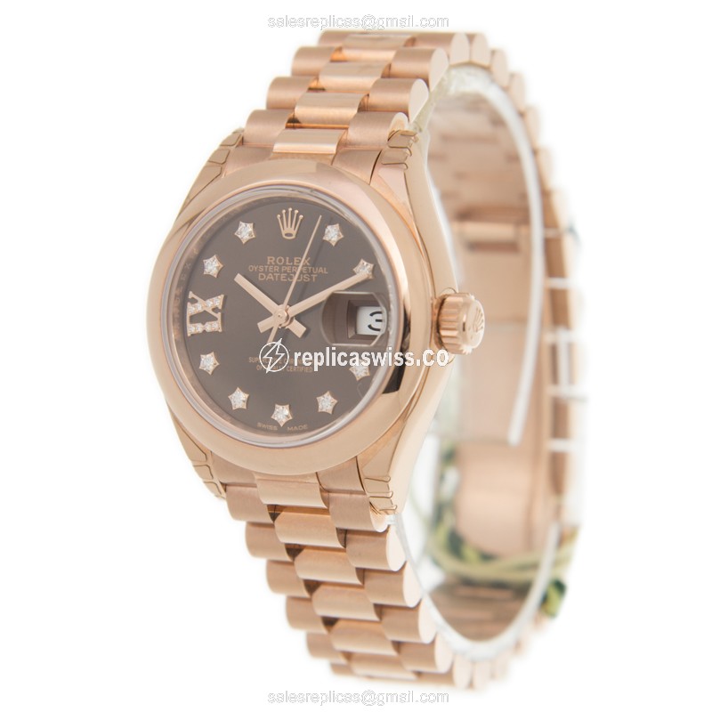 Rolex Lady Datejust Replica - Automatic - 18kt Rose Gold - Brown Dial - Pink Strap - View 3