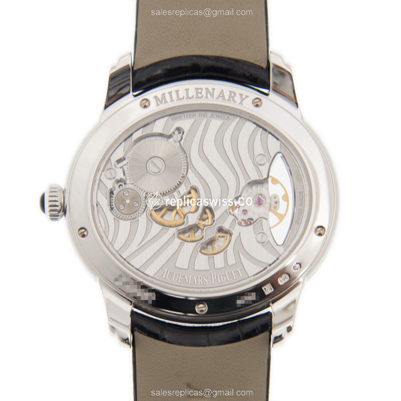 Audemars Piguet Millenary Replica - Manual Wind - 18kt White Gold - Diamond - White Dial - Black Alligator Strap - View 3